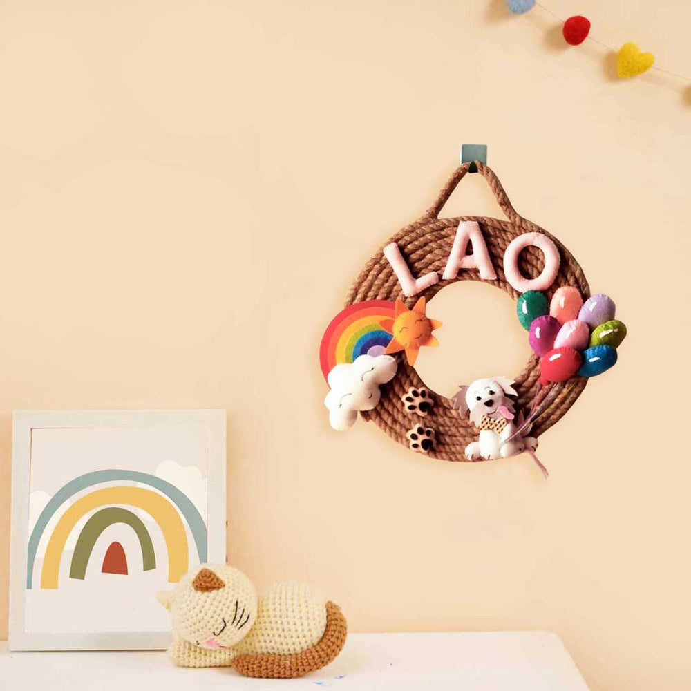 Personalized Dog Themed Jute Kids Name Plate - Hanging on Wall Hook Display