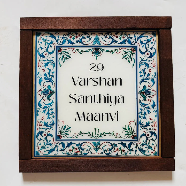 Blue & White Vintage Personalized Printed Framed Square Resin Name Plate