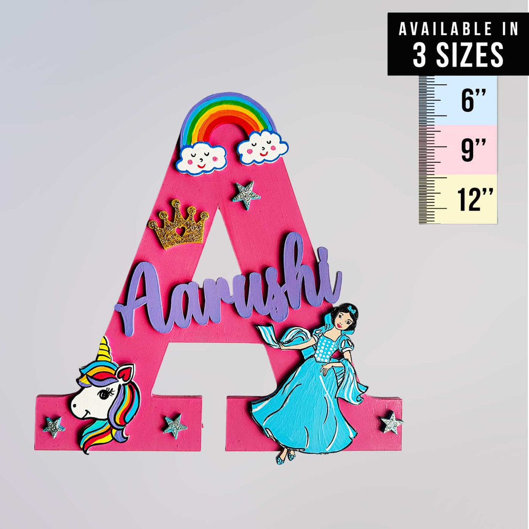 Personalized Hand Painted Disney Princess Magic Mdf Wood Monogram With 3D Letters - Front View with Size Chart