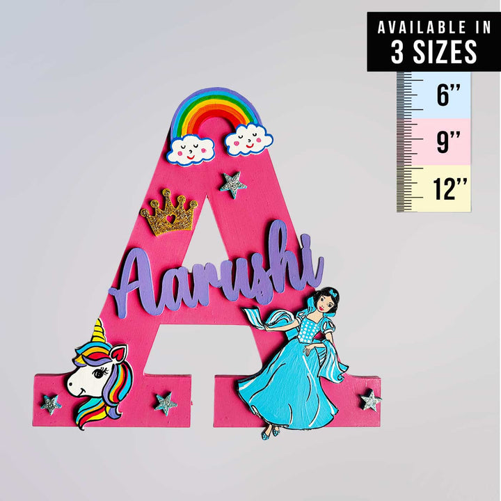 Personalized Hand Painted Disney Princess Magic Mdf Wood Monogram With 3D Letters - Front View with Size Chart