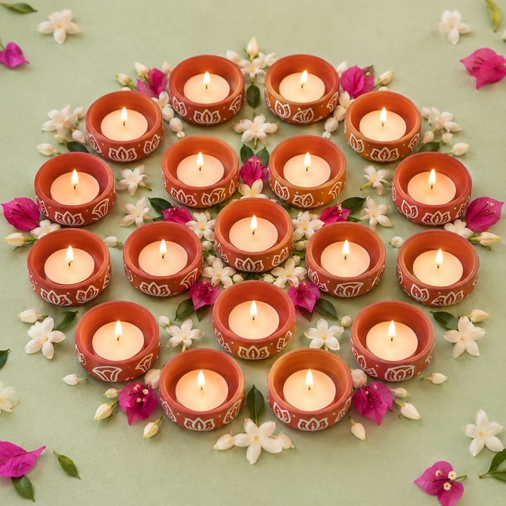 16 Pc | Hand-Painted Lotus Terracotta Diya & Tealight Holders For Festive Decor