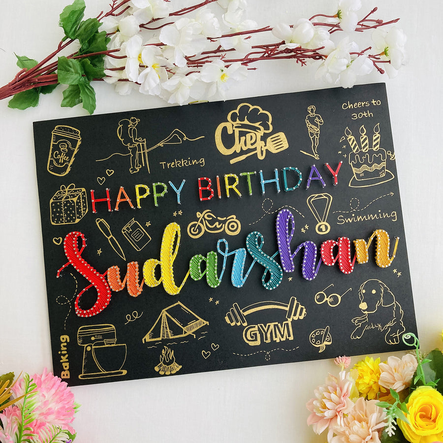 Personalised Happy Birthday String Art Name Plate - Name Personalization with Decorative Background