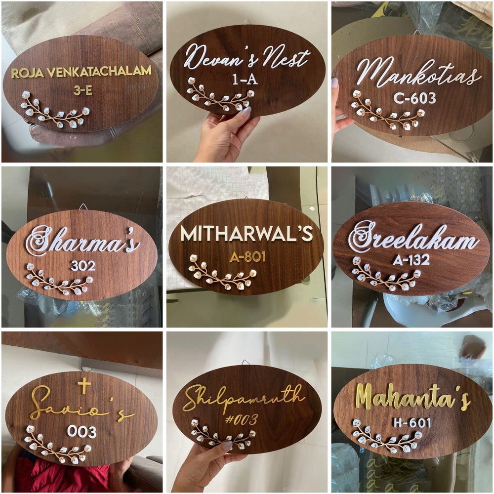 Bengali Personalised Wooden Oval Floral Nameplate - Name Personalization Example Front View