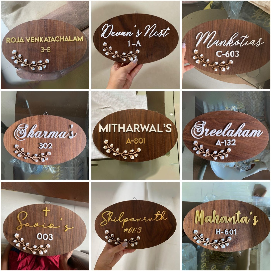 Personalised Wooden Oval Floral Name Plate 1 - Handheld Front View with Personalization