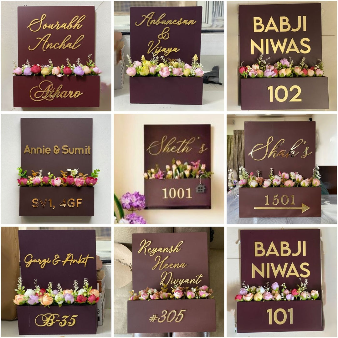Personalised Mdf Flower Planter Name Plate 1 - Front View with Floral Decoration