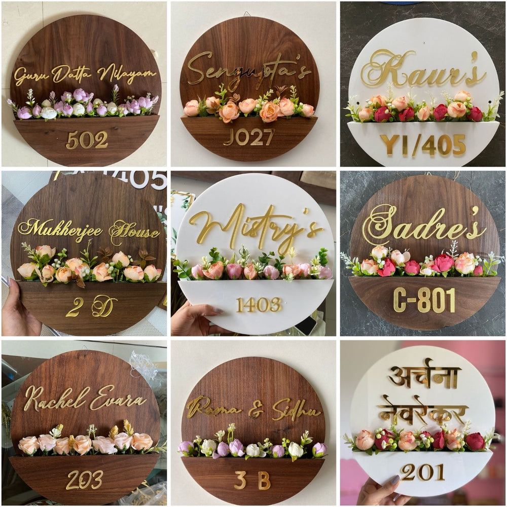 Personalised Flower Basket Name Plate - Front View with Floral Decoration