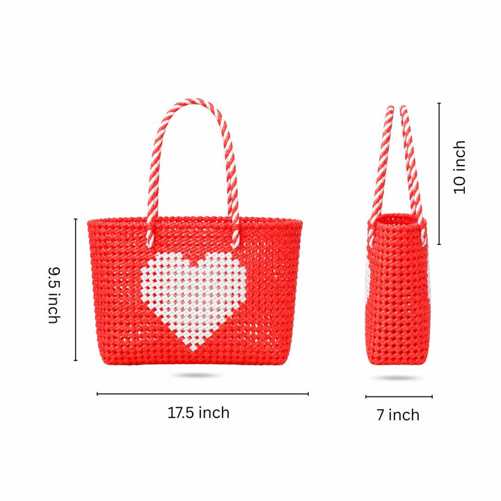 "Love Is In The Air" Red & White Heart Mukhya Knot Handmade Koodai Tote Bag With Candy Plastic Handle