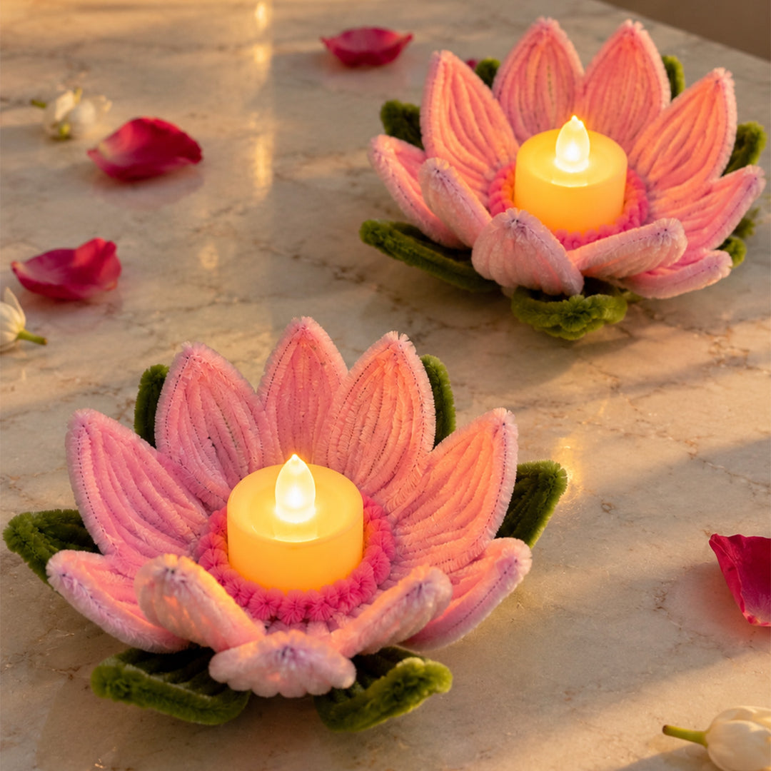 Set of 2 | Handcrafted Pink Lotus Pipe Cleaner LED Tealight Holders