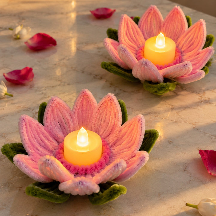 Set of 2 | Handcrafted Pink Lotus Pipe Cleaner LED Tealight Holders