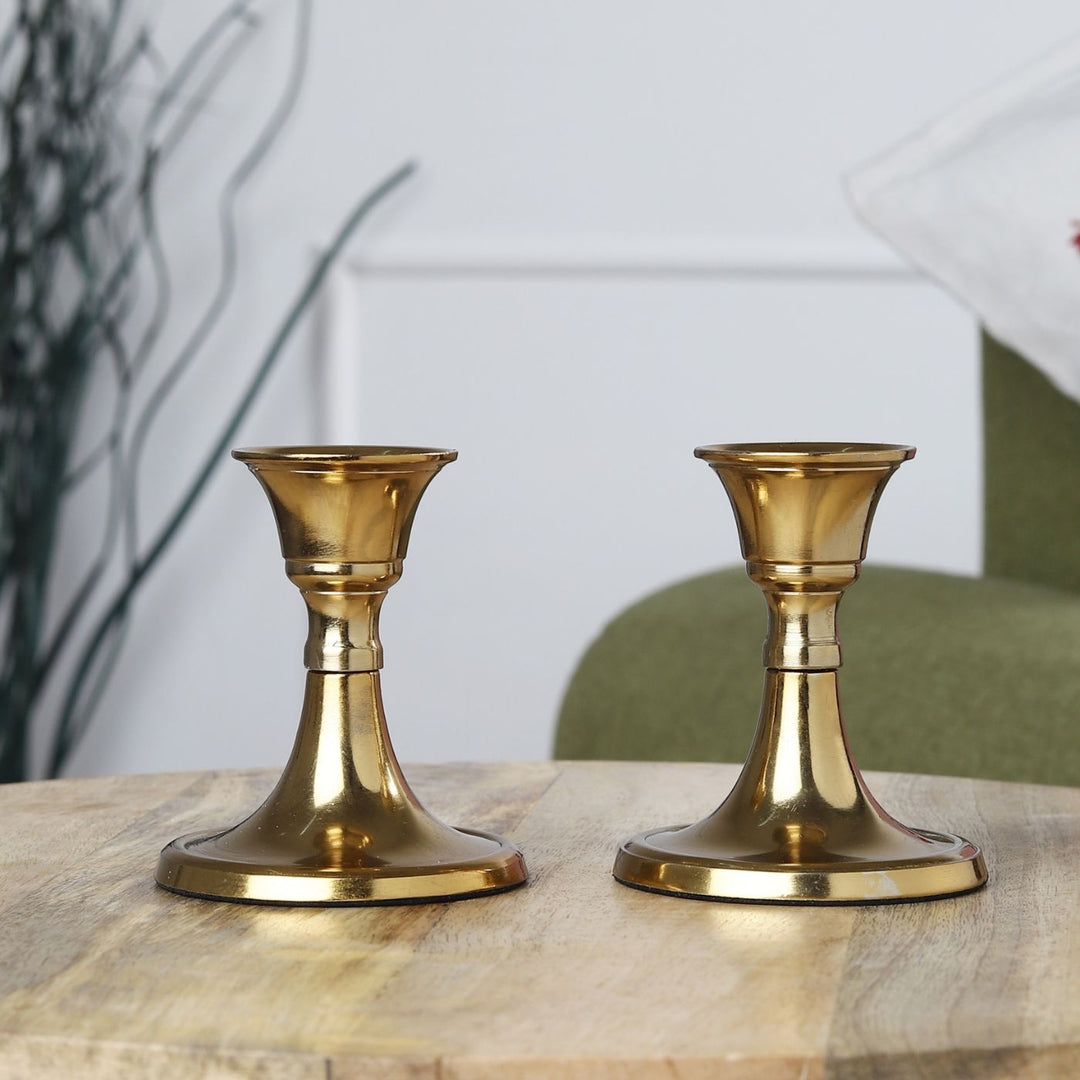 Handmade Golden Aluminium Taper Candle Holder | Set Of 2