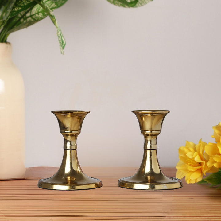 Handmade Golden Aluminium Taper Candle Holder | Set Of 2