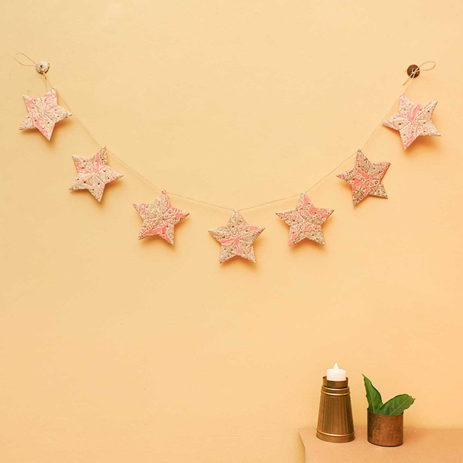 Handmade Paper Anokhi Pink Star Bunting - Hung on Wall Display