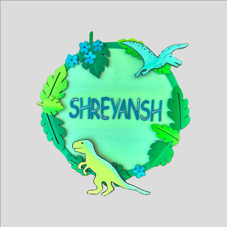 Hand Painted Dinosaur Theme Personalised Kids Nameplate - Front View with Name Personalization