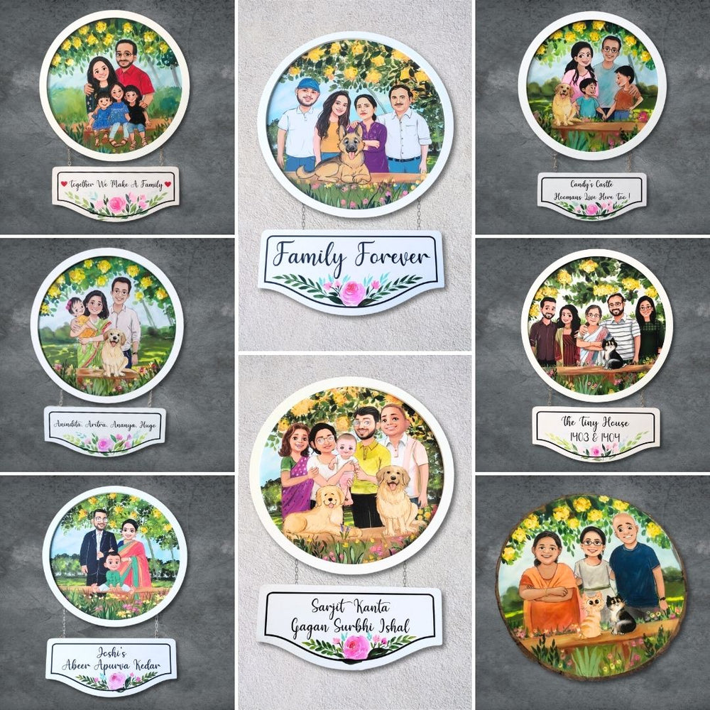 Photo Caricature Hanging Nameplate Small Family With Pets 1 - Mounted on Wall with Name Plates