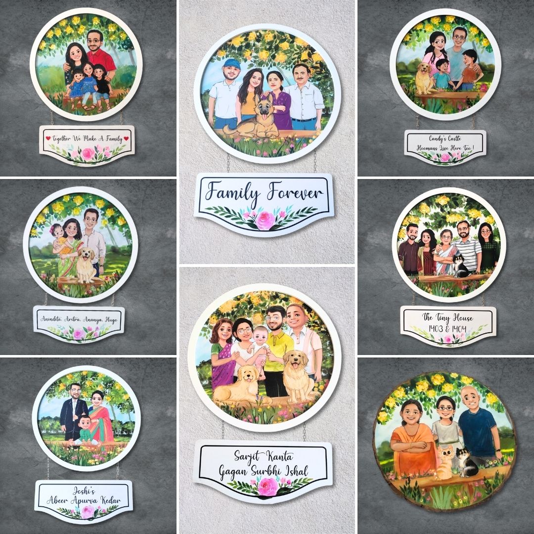 Photo Caricature Hanging Nameplate Small Family With Pets 1 - Mounted on Wall with Name Plates