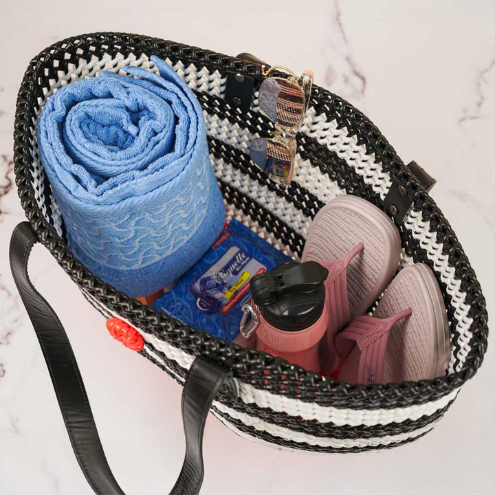 Black & White Striped Mukhya Knot Handmade Koodai Beach Bag