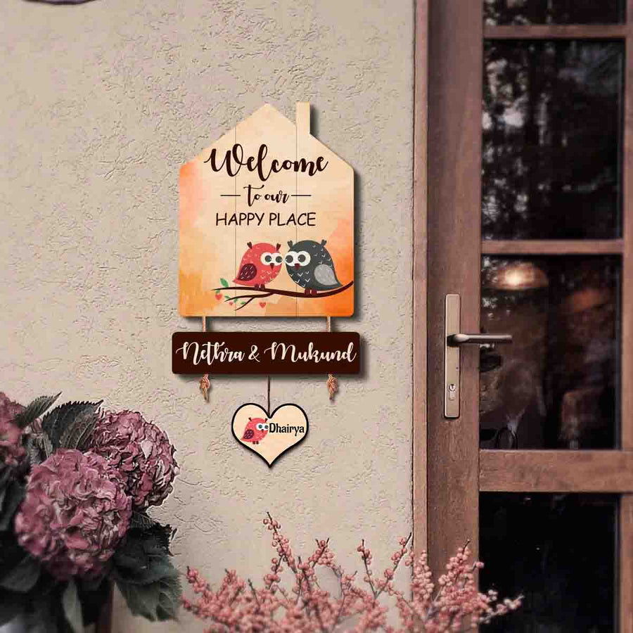 Printed Wooden House Shaped Owl Nameplate For Family With 1 Child - Mounted on Entryway Wall