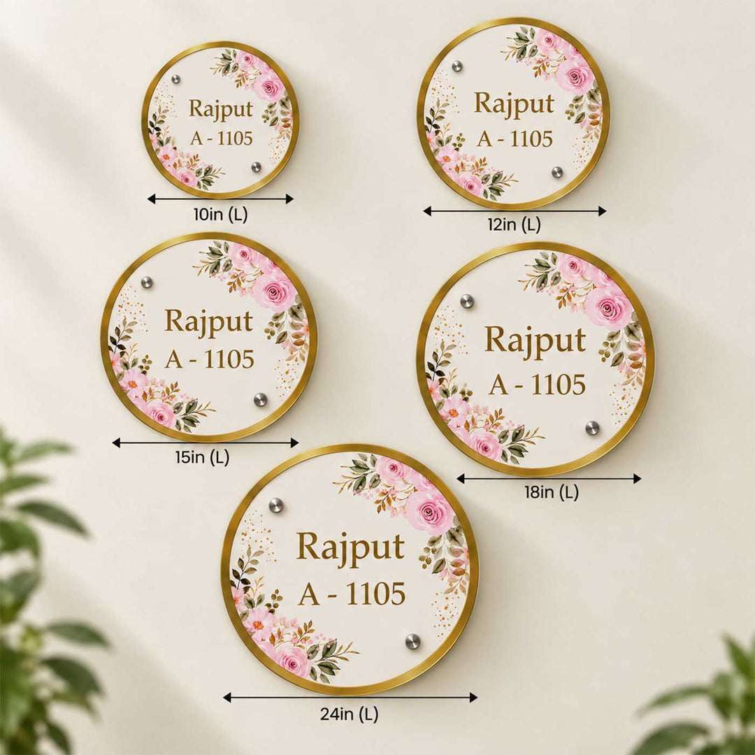Elegant Rose Floral Personalized Round Acrylic Name Plate For Home