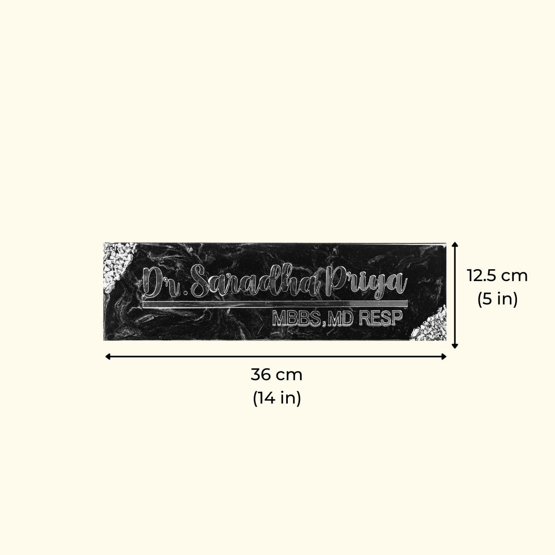 Handmade Resin Black Gold Rectangle Marbled Name Plate 1 - Dimension Chart Front View
