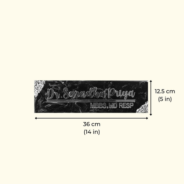 Handmade Resin Black Gold Rectangle Marbled Name Plate 1 - Dimension Chart Front View