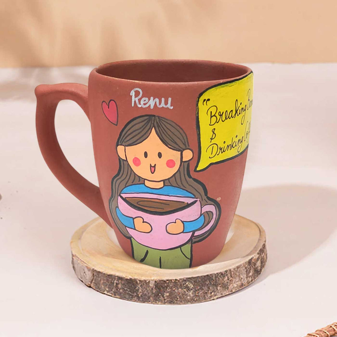 Handpainted Personalised 3D Terracotta Mug with Tea/Coffee Lover Avatar Illustrations and Quote