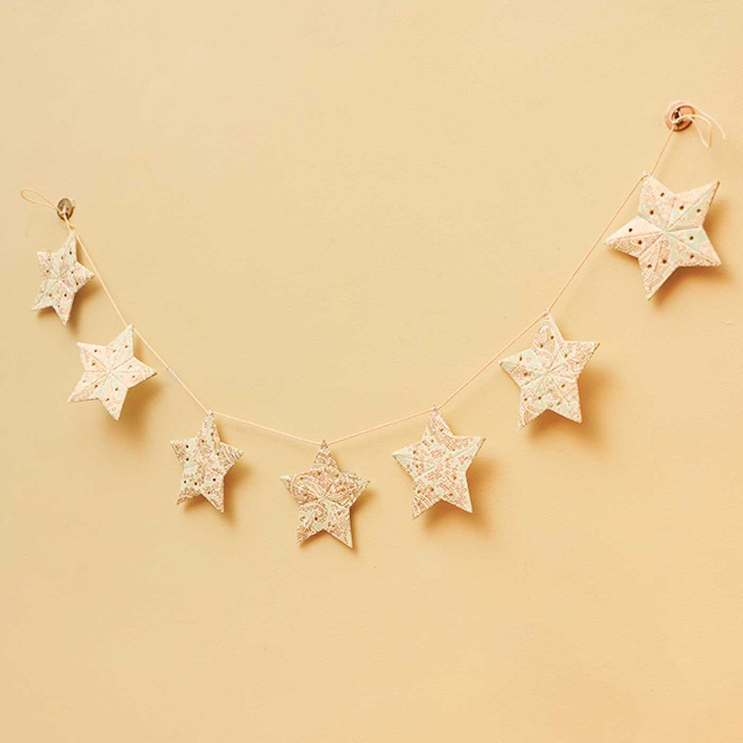 Handmade Paper Anokhi Sea Foam Star Bunting - Hanging Display on Wall Hooks