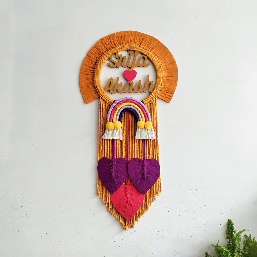 Handcrafted Personalized Macrame Wall Hanging For Couples 1 - Front View Hanging on Wall