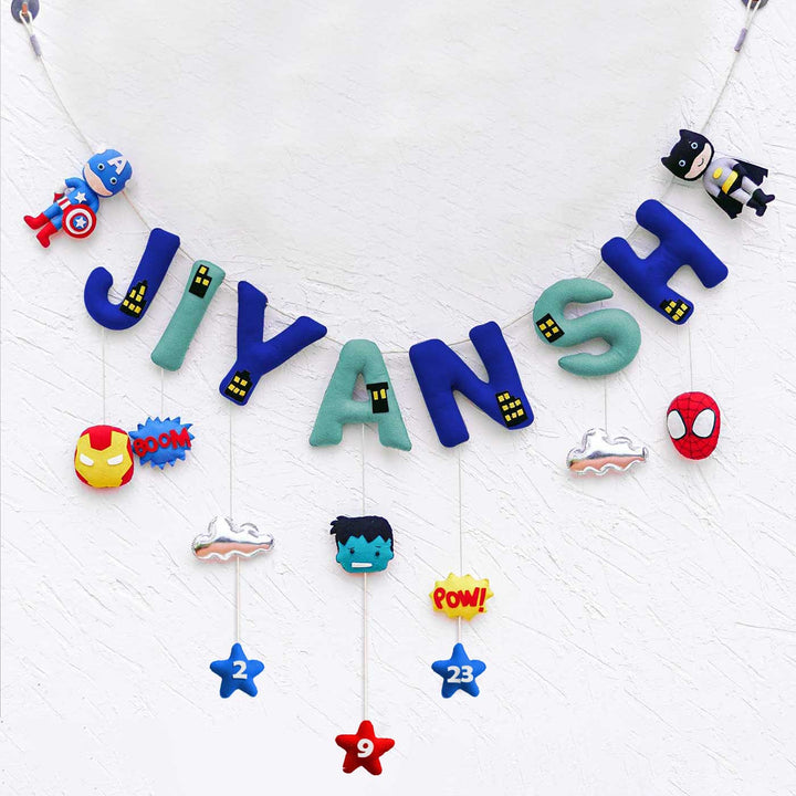 Handcrafted Personalized Themed Bunting For Kids Superhero - Front View of Personalized Name Banner