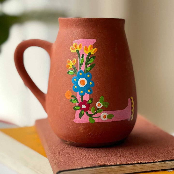 Personalized Hand-painted Floral Theme Monogram Terracotta Mug - L