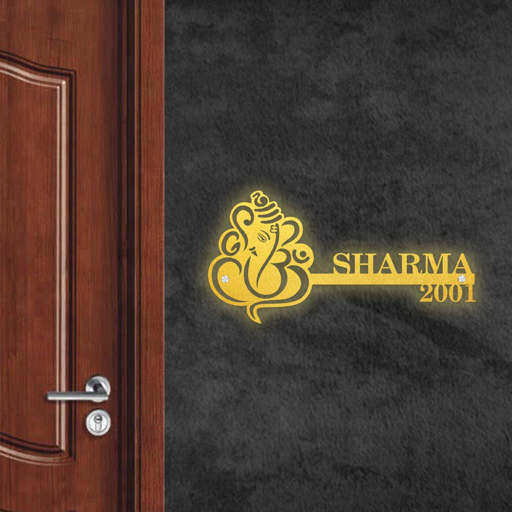 Personalized Ganesha Laser Cut Metal Name Plate - Mounted on Wall Near Door