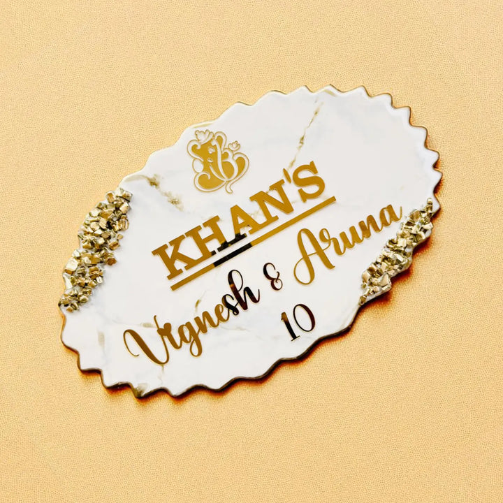 White & Gold Personalized Marble Effect Oval Resin Name Plate | With 3D Acrylic Letters & Gold Stone Embellishment
