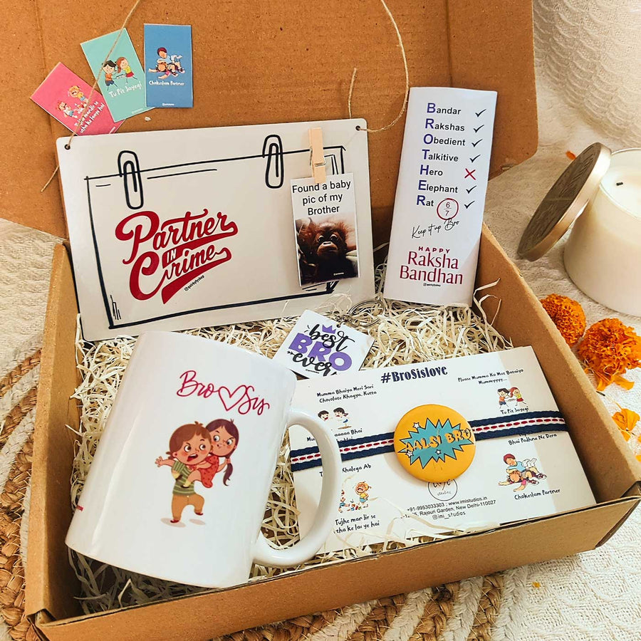 Photo Personalized Partner In Crime Rakhi Hamper For Brother Includes 1 Plaque 1 Rakhi 1 Chocolate 1 Keychain 1 Car Hanging And 1 Mug - Complete Gift Set Display