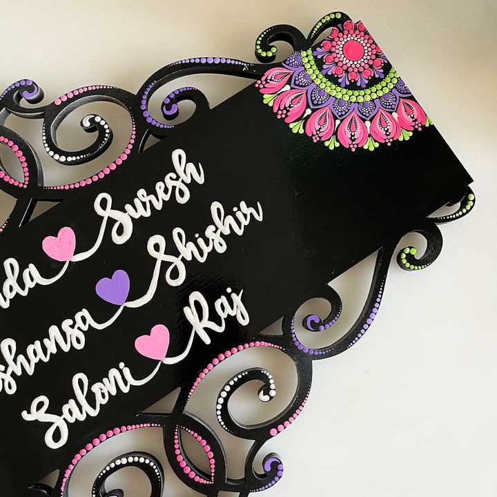 Personalized Handmade Rectangular Cutwork With Dot Art Mdf Wood Name Plate - Top Angle Showing Name Personalization