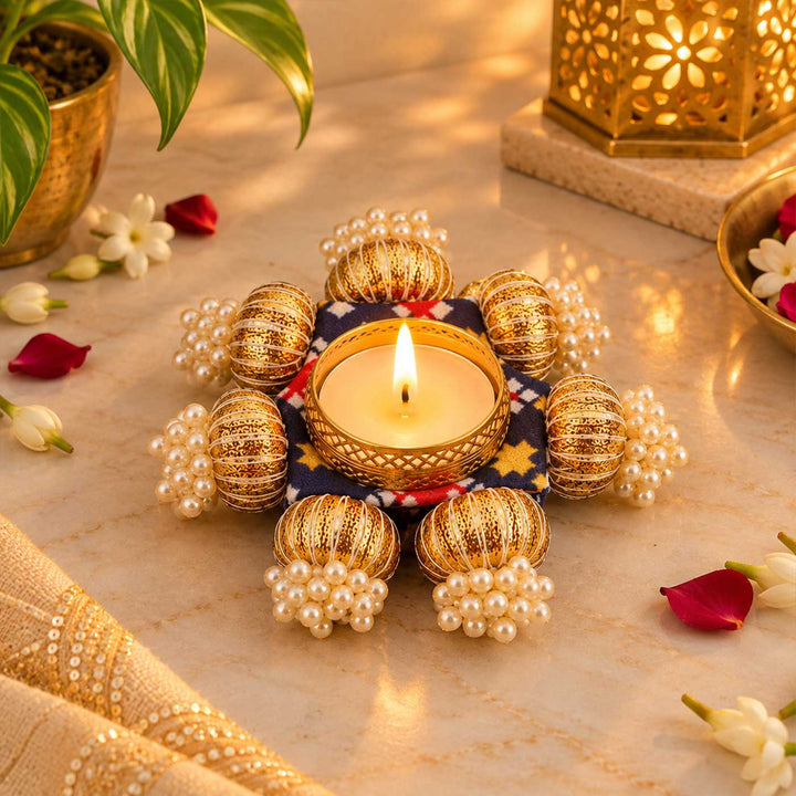 5 Pc | Handcrafted Reversible Gota Patti & Patola Print Square Tealight Holder With Pearl Beads
