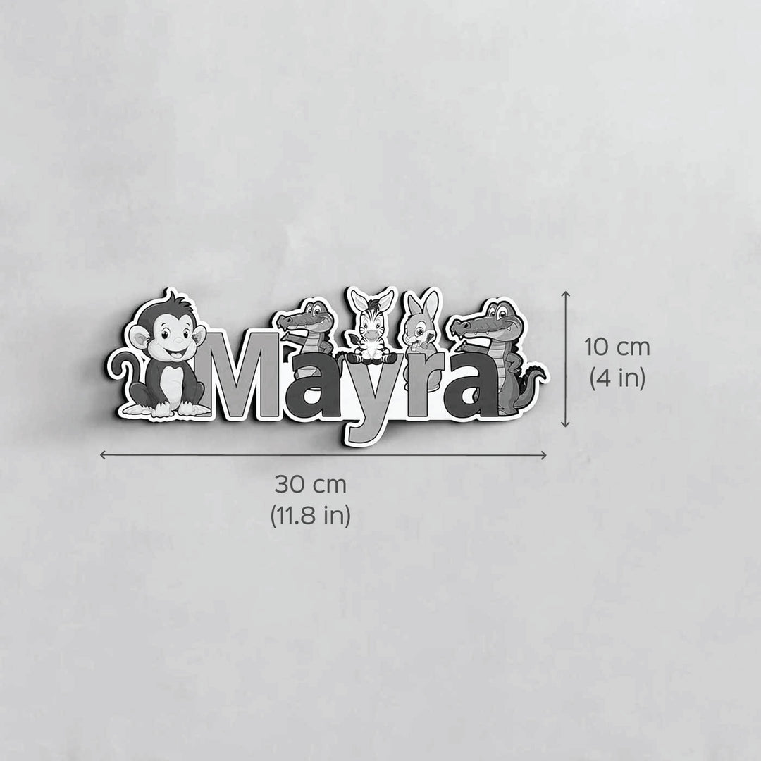Kids Animal Theme Printed Name Plate 1 - Dimension Chart with Characters