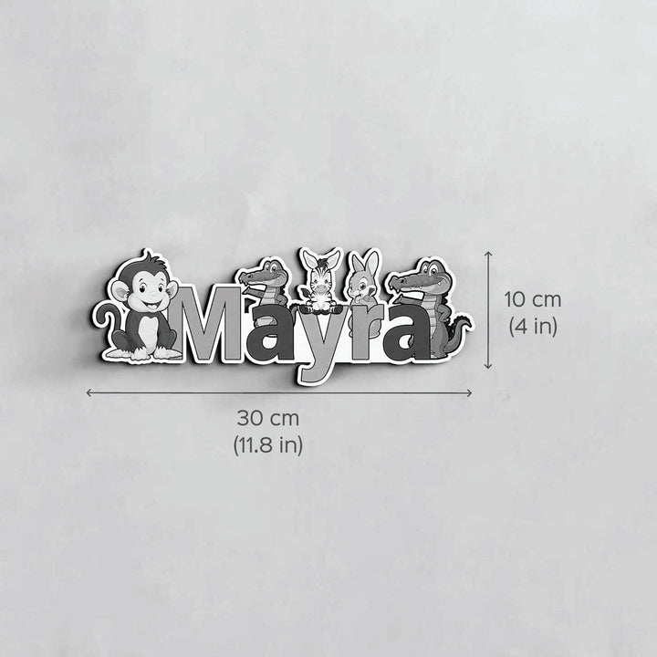 Kids Animal Theme Printed Name Plate 1 - Dimension Chart with Characters