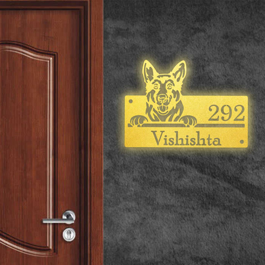 Personalized Weatherproof Artistic Dog Theme Metal Name Plate - Mounted on Entryway Wall Next to Door