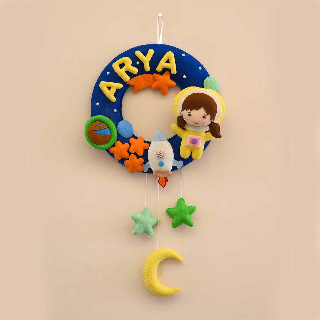 Personalized Space Voyager Theme Round Felt Kids Nameplate - Hanging Personalized Name Wreath Front