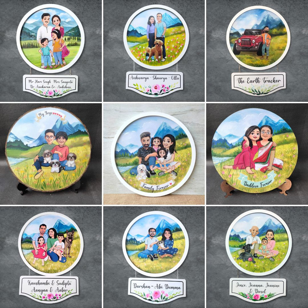 Photo Caricature Hanging Nameplate Couples With Pets 3 - Front View with Name Personalization