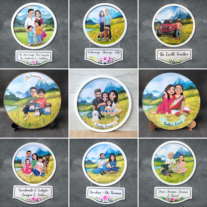 Photo Caricature Hanging Nameplate Couples With Pets 3 - Front View with Name Personalization