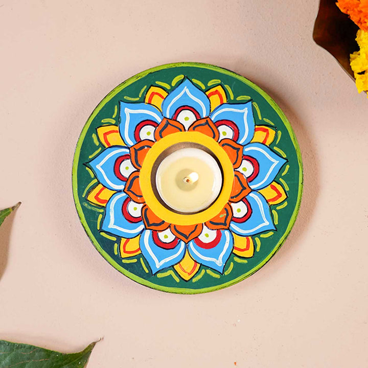 Handmade Multicolour Lotus Wooden Tealight Holder