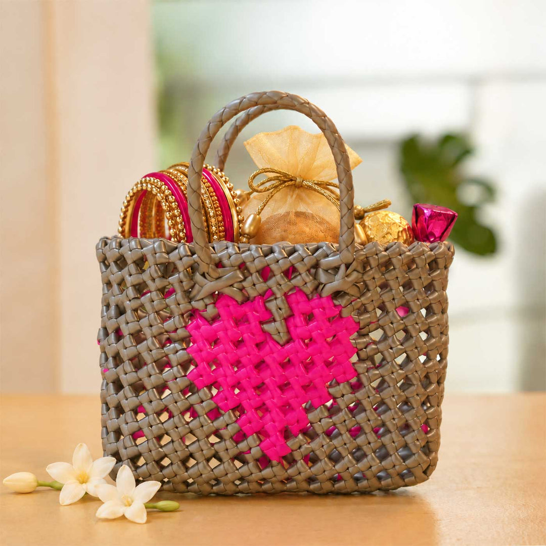 Mini Handwoven Grey Plastic Wire Koodai Bag With Pink Heart Motif