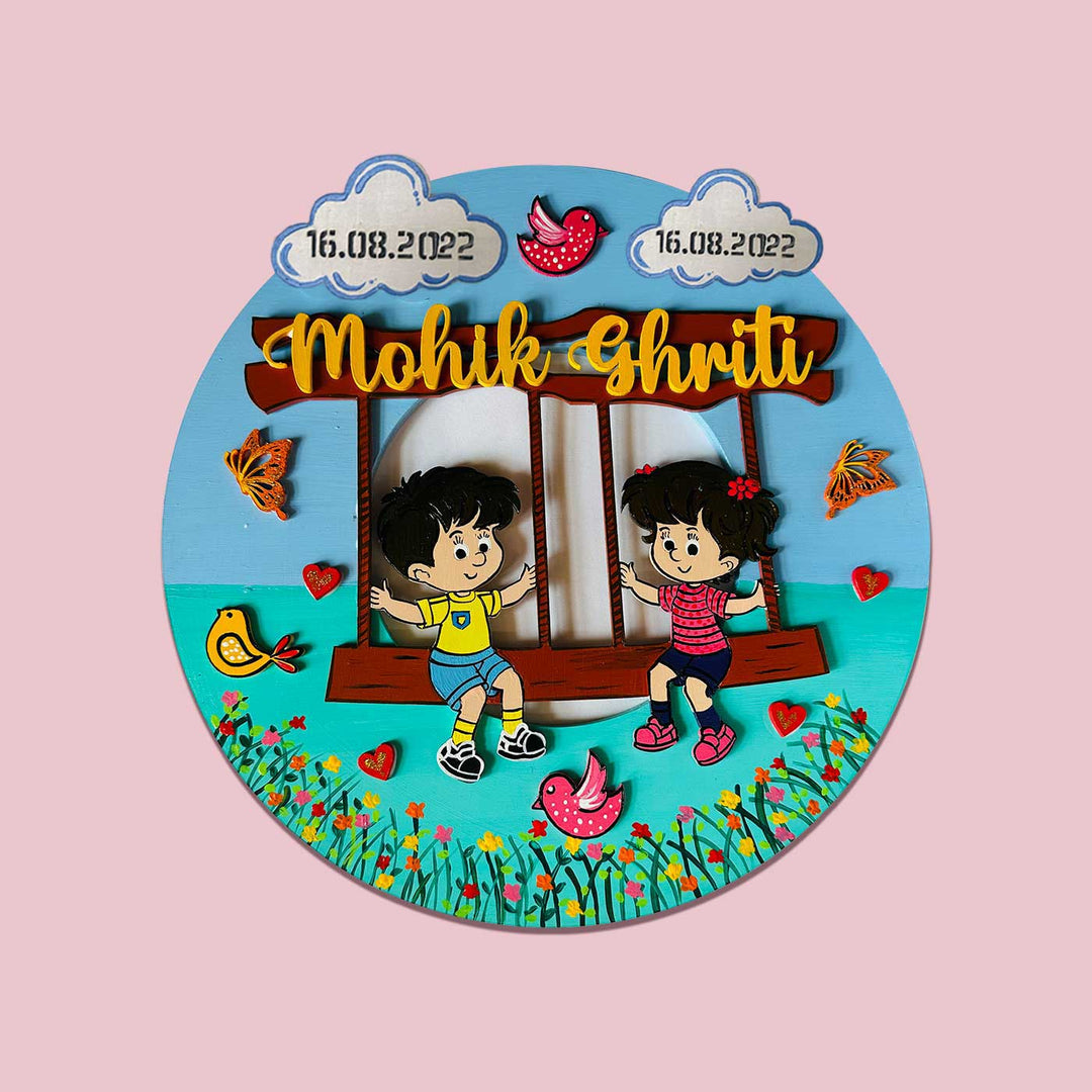 Hand Painted Personalized Siblings Theme Kids Nameplate 1 - Front View with Name Personalization (5)