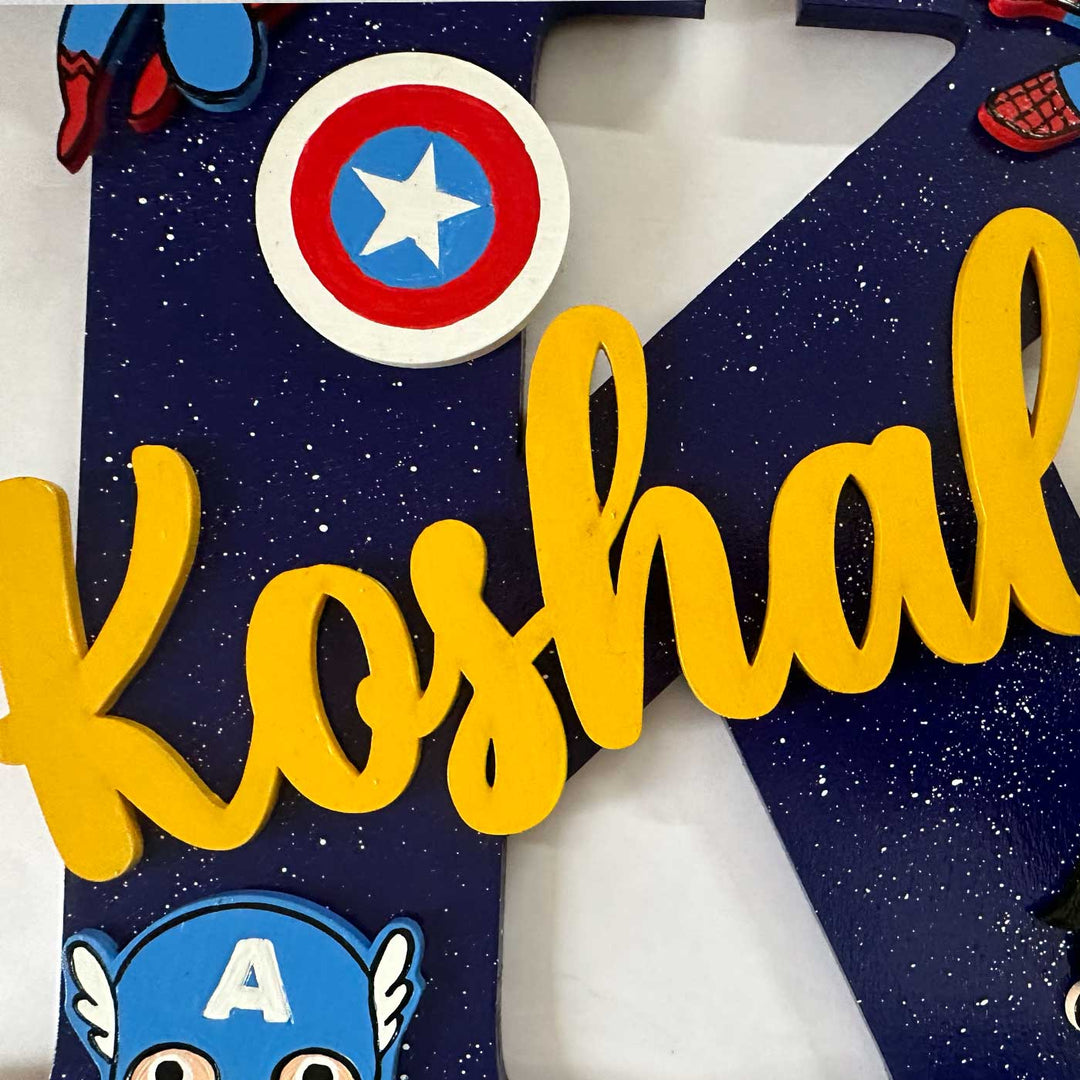 10 Inch Personalized Hand Painted Superhero Cocomelon Siblings Adventure Mdf Wood Monogram With 3D Letters - Name Personalization Close-up
