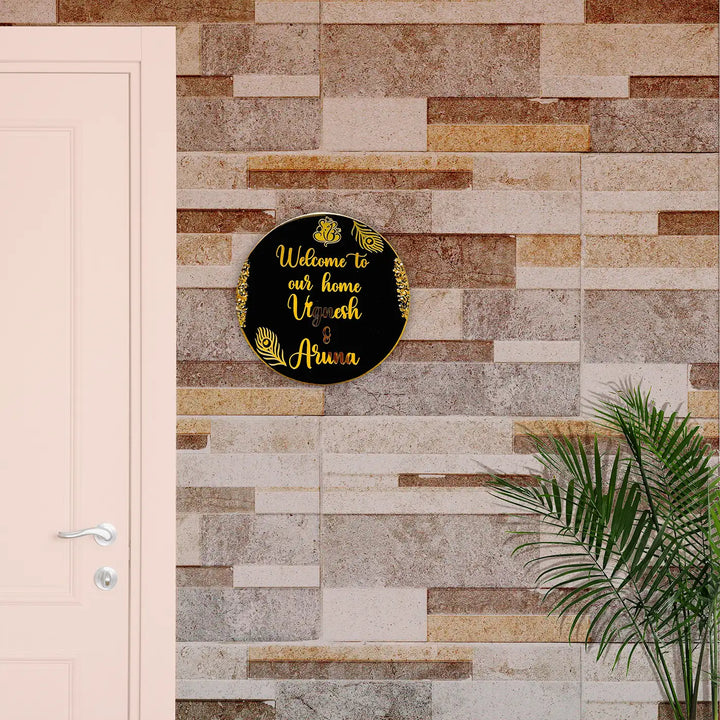 Black Feathers Personalized Round Resin Name Plate | With 3D Acrylic Letters & Gold Stone Embellishment