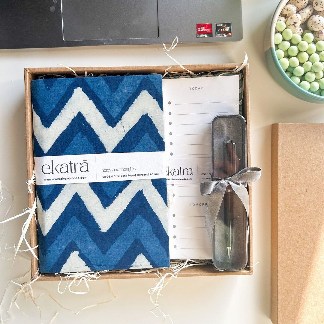 Sustainable Handmade Blue Chevron Productivity Stationary Hamper