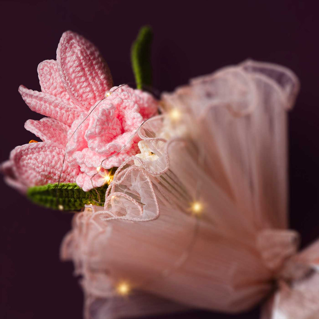 Handmade Crochet Pearl Petals Flower Bouquet With Lights | Includes Photo & Greeting Card