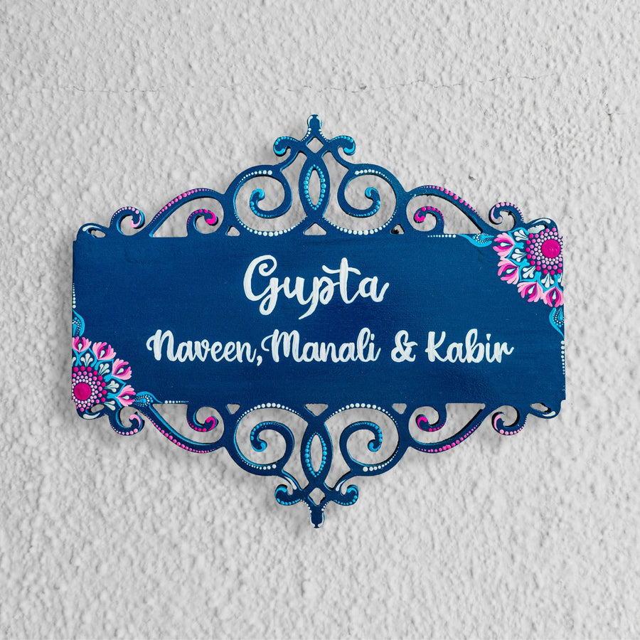 Handcrafted Dot Art Rectangular Name Plate 4 - Mounted on Textured Wall Close-up
