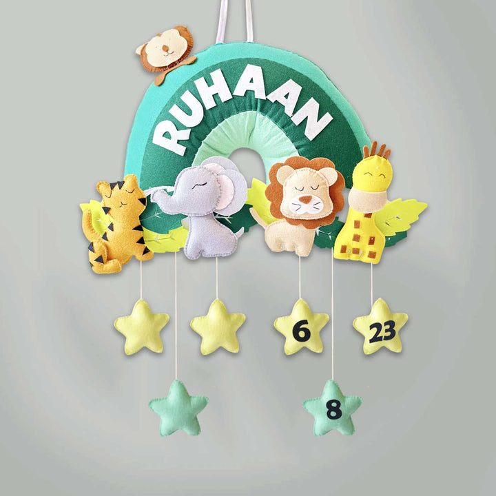 Personalized Felt Jungle Theme Kids Name Plate 1 - Front View Hanging with Date Stars