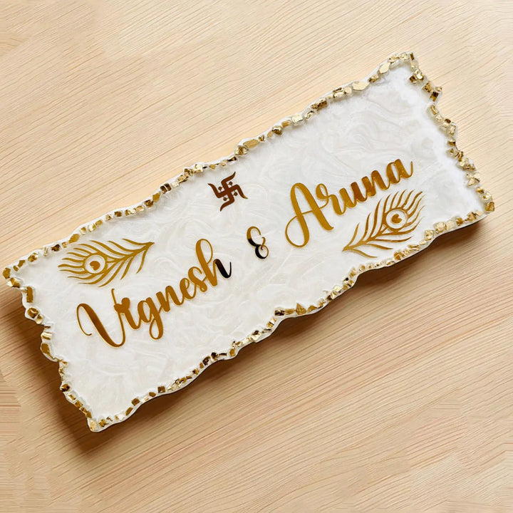 White & Gold Personalized Marble Effect Rectangle Resin Name Plate | With 3D Acrylic Letters & Gold Stone Embellishment